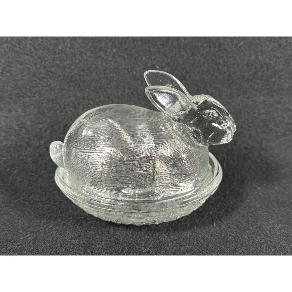 Vintage Clear Pressed Glass Bunny Rabbit‎ on Nest Trinket Dish Easter Candy Box